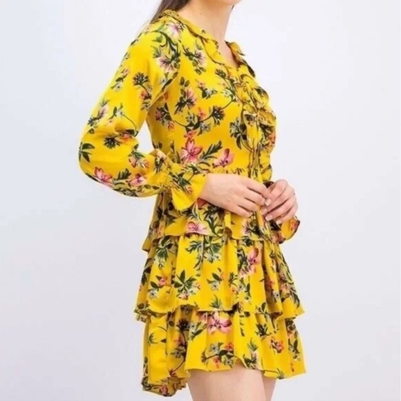 Avec Les Filles Marigold Mustard Yellow Floral Ruffle Detail Mini Dress - Picture 2 of 16
